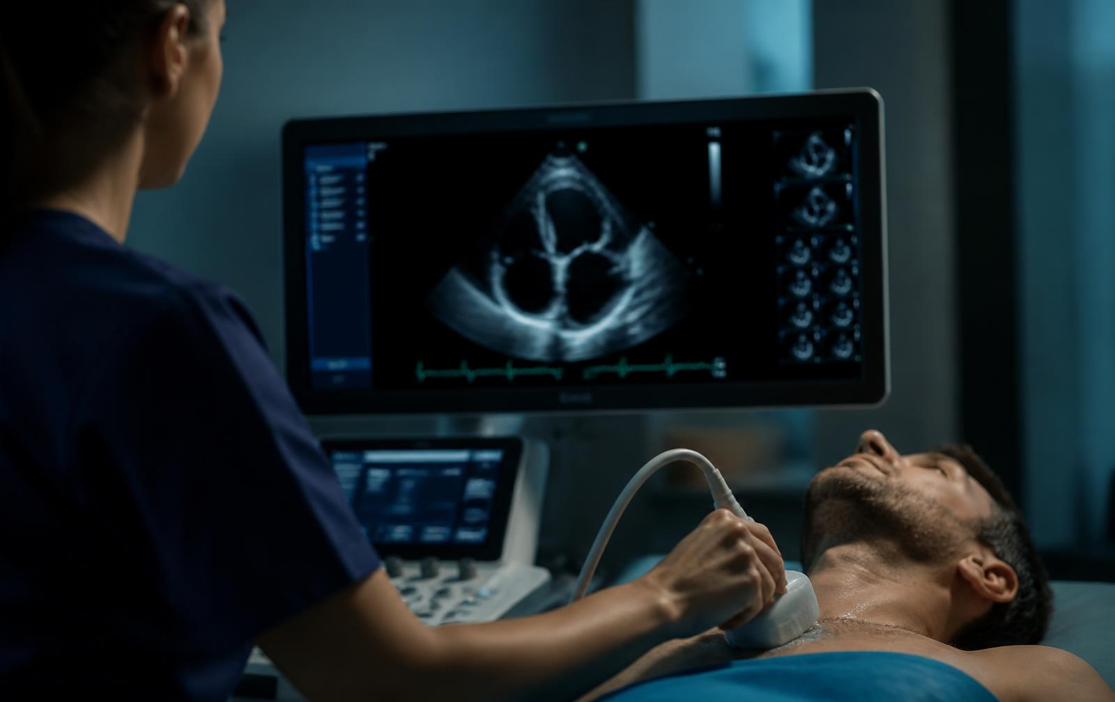 Echocardiography being performed in a cardiac diagnostic room